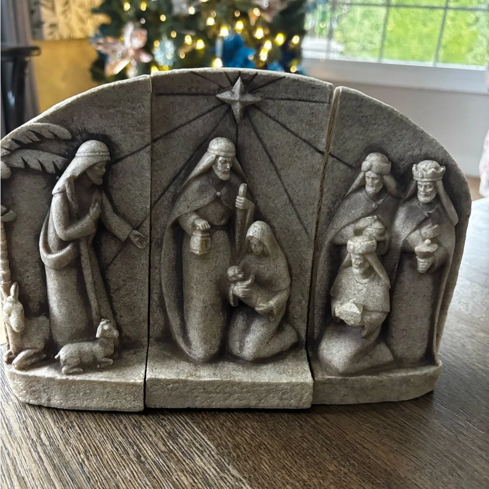 Heavy Stone Look Beige Nativity Scene •‎ Rustic Holiday Décor Set Three Piece